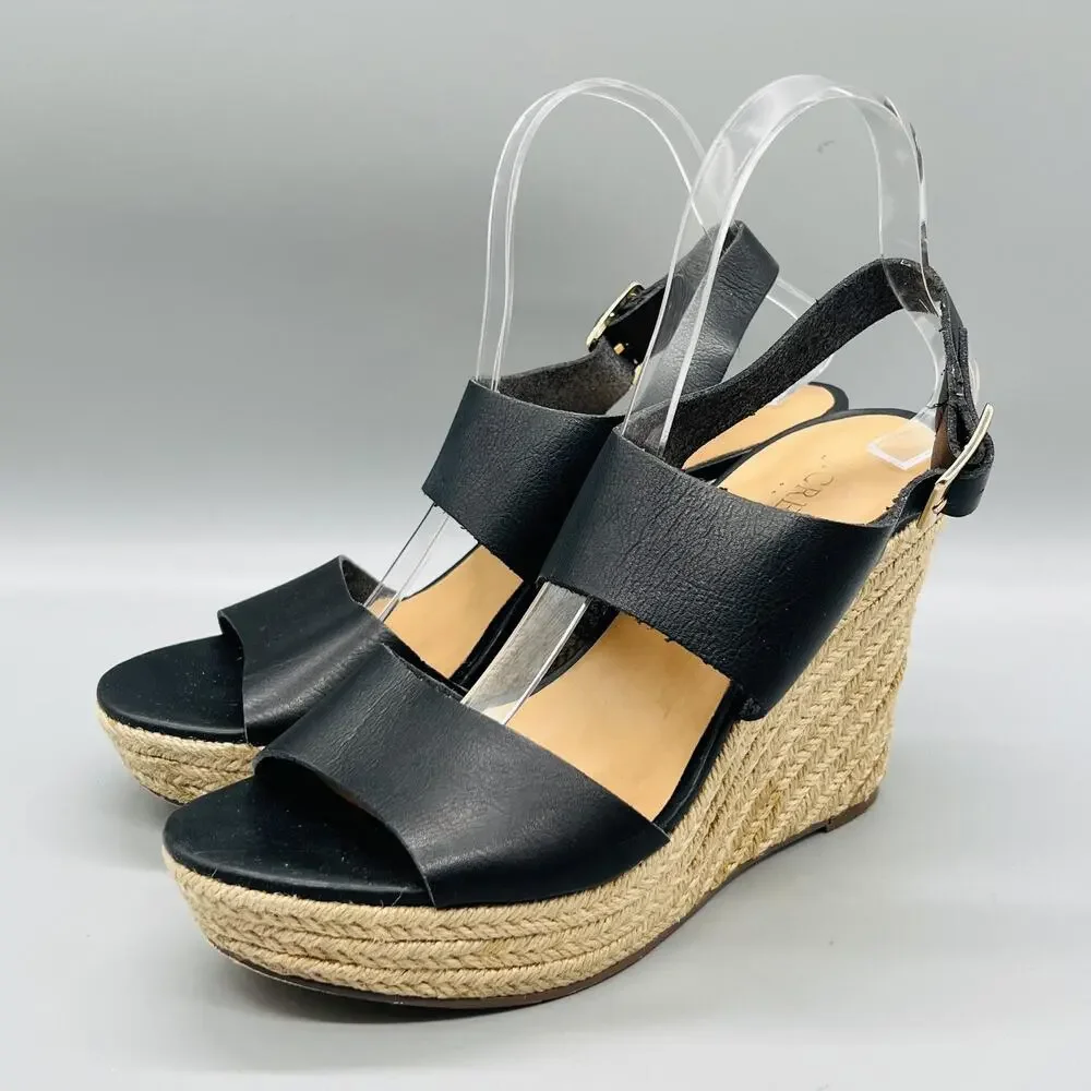 J Crew Sandals Women 8.5 Black Vegan Leather Espadrille Wedge Slingback Shoes